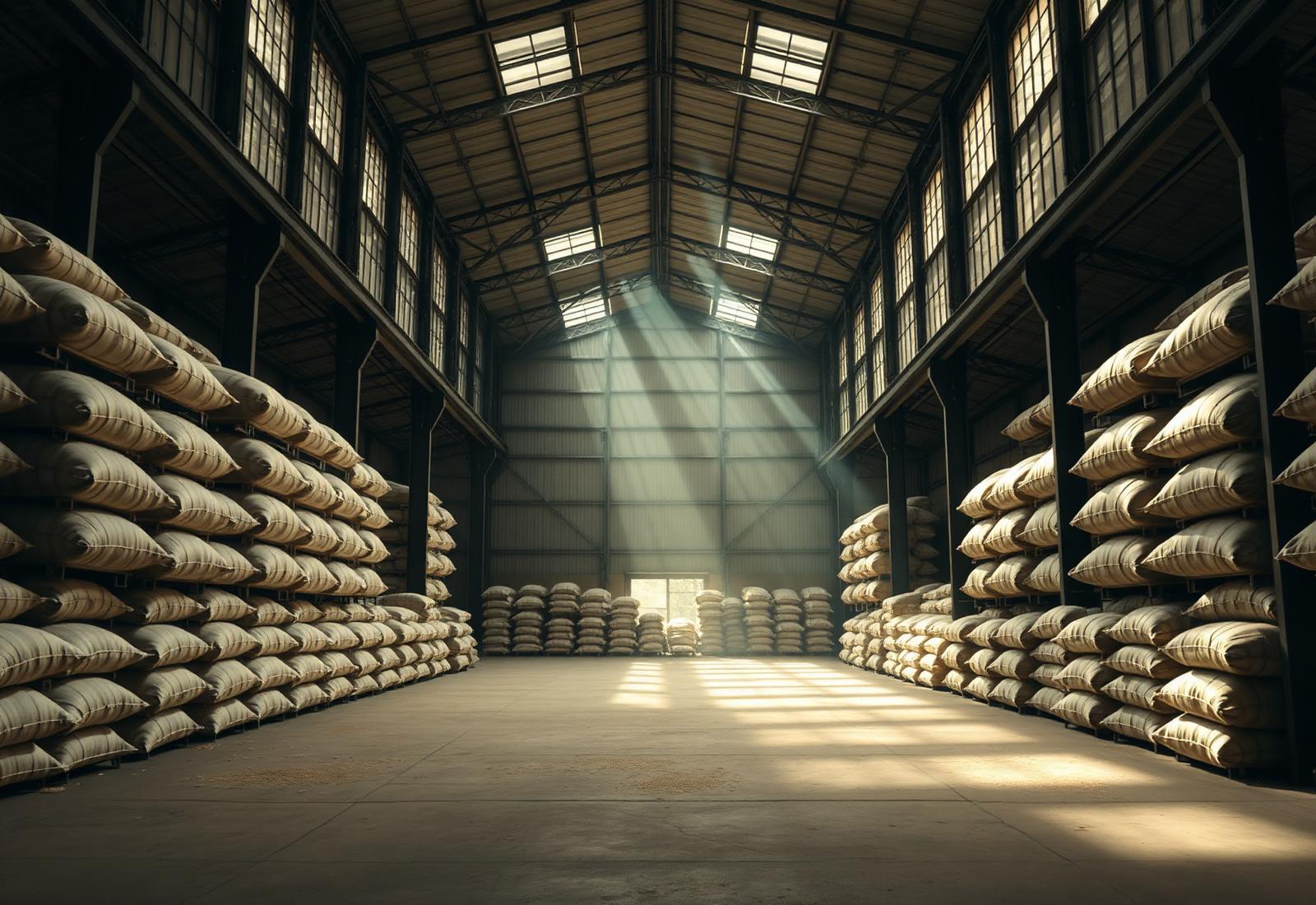 Modern commodity warehouse with stacked grain sacks